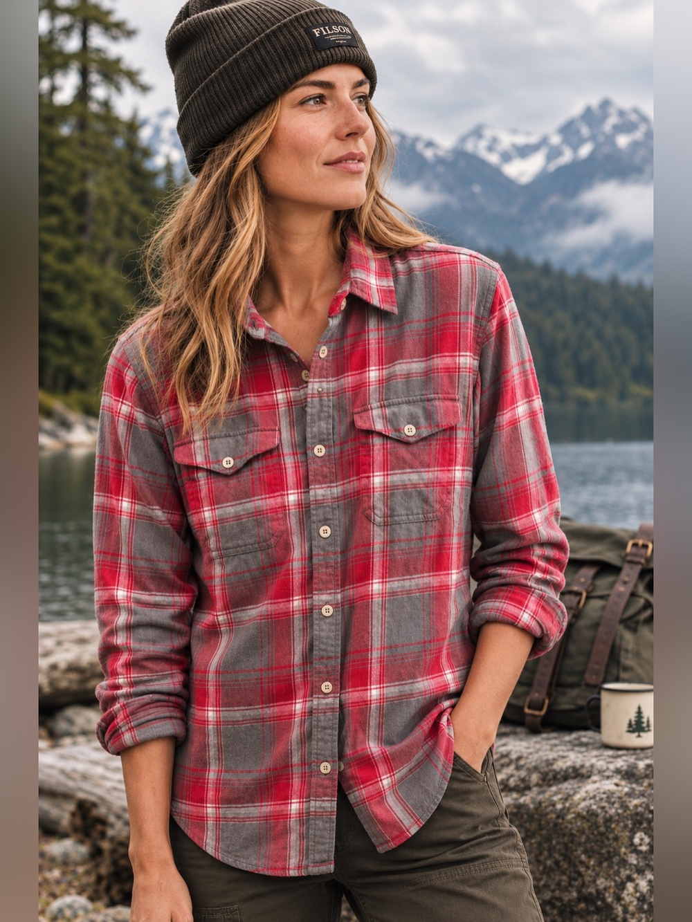 Filson Women's Scout Flannel Shirt Red Grey Plaid Lightweight XL